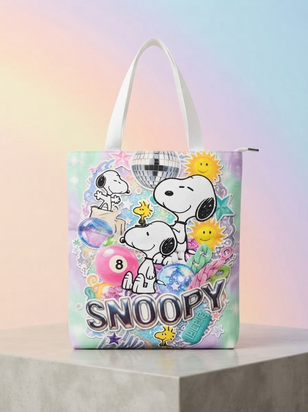 Peanuts Pastel Snoopy Graphic Tote with White Handles